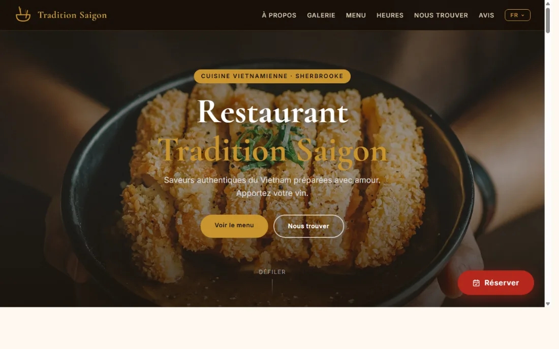 Site web du restaurant Tradition Saigon sur ordinateur, réalisé par viteweb